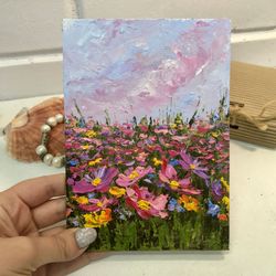 Cosmea flower painting original art small meadow miniature landscape wildflowers small wall art 5" by 7" by Katbes