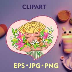 Blonde girl with flowers clipart, beautiful art, cute girl image, valentines day image download.