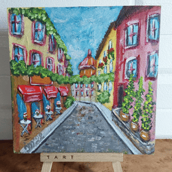 Original acrylic painting Europe. Old town. Street Cafe. hand painted wall art 6" x 6"