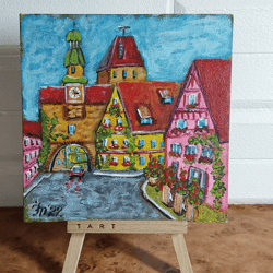 Original acrylic painting Europe. Old town. Clock tower. hand painted wall art 6" x 6"