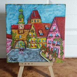 original acrylic painting europe. old town. clock tower. hand painted wall art 6" x 6"
