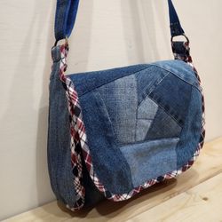 Denim original bag with a flap in the style of crazy patchwork made of eco-friendly material handmade