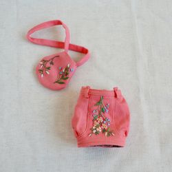 Ruby Red doll embroidered denim skirt and small bag