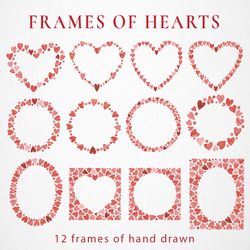 Frames and wreaths of hand-drawn hearts for a wedding or Valentine's Day. Digital illustration in PNG format.