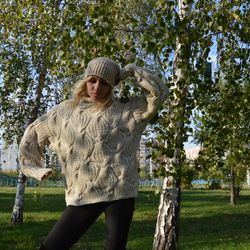 Chunky Knit Sweater for Women Oversize Beige Handmade Wool Sweater Cardigan