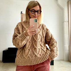 Hand knit sweater handmade oversized beige color in stock