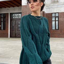 Designer handknit sweater oversized green color MADE TO ORDER