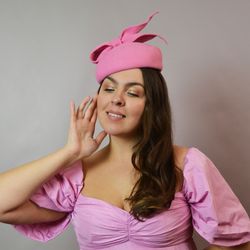 pink pillbox hat,pink winter hat,pink felt hat, guest wedding hat, pink wedding