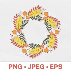 wreath of fall leaves, flowers and pumpkins sublimation design