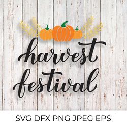 harvest festival calligraphy lettering with hand drawn pumpkins and wheat ears
