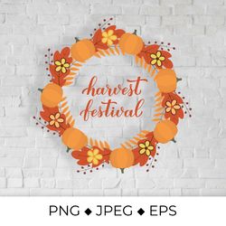 Harvest festival lettering with wreath of colorful autumn leaves