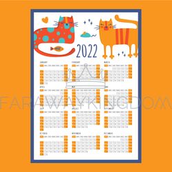 CAT SLEEPS CALENDAR 2022 Year Organizer Vector Illustration Set