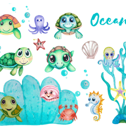 vibrant watercolor sea animal clipart set: under the sea friends in png format for commercial use - perfect for ocean