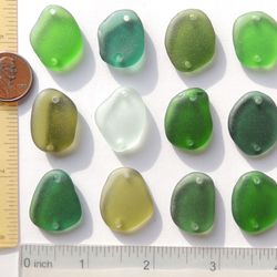 12 GENUINE double drilled sea glass surf tumbled beautiful for jewelry 21-25 mm in length, colorful multicolor