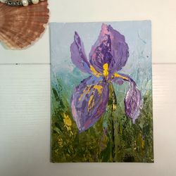 Iris Flower Painting Original Art Meadow Miniature Landscape Palette Knife Small Wall Art 5" by 7" by Katbes Art