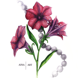 Watercolor botanical painting petunia, A4 format on paper, reproduction (print). Original handmade. A great decoration f