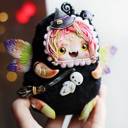 Art doll creepy witch, handmade ooak toy a single copy, dark cute fairy, collectible craft doll, fluffy fanny witch