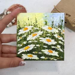 Daisies Flower Painting Original Meadow Miniature Landscape Wall Art Small Painting Wildflower 4" by 4" by Katbes Art