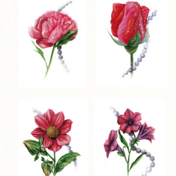 Watercolor botanical painting set, A4 format on paper, reproduction (print). Original handmade.