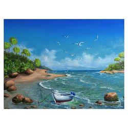 Hawaiian Beach Original Painting  Painting with a Boat and Seagulls on the beach Landscape Hawaii Palm Tree 9x13 inches