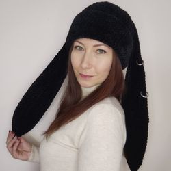 Bunny hat goth with extra long ears Black bunny beanie crochet Fluffy bunny hat adults