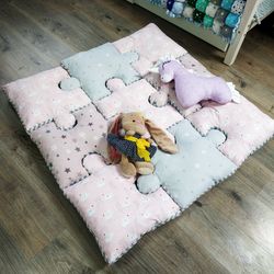 Gray-pink puzzle baby play mat swans, baby girl nursery decor, kids floor cushion, floor pillow baby, pink nursery rug