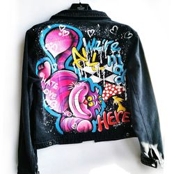 Hand painted jacket black, disney, custom wearable art, wife of the party denim jacket,designer inspired denim jacket