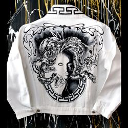 Gorgon art, hand painted women jacket, fabric painted white jean jacket, girl denim jacket, wearable art, custom clothes