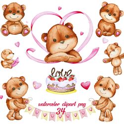 Happy Valentines day Teddy Bear. set of cliparts. Sublimation design bundle. Watercolor animals.