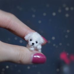 Miniature white puppy. Dollhouse miniature. Dolls accessories.
