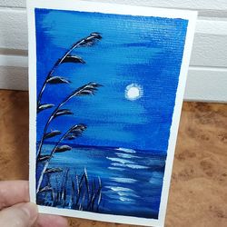 Moonlight Night Original Acrylic Mini Painting Landscape Handmade Postcard 5"x4"