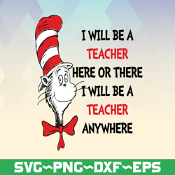 I will be preschool teacher here or there svg, Cat in hat svg, Dr Seuss sayings svg, Read across America svg, png, subli