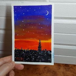 Night city. Sunset. Original Handmade Postcard with Acrylic Mini Painting, 5"x4"