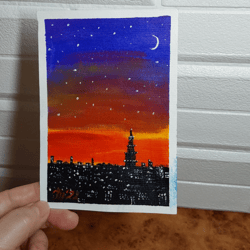 night city. sunset. original handmade postcard with acrylic mini painting, 5"x4"