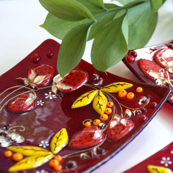 Khokhloma russian fused glass plate - Russian souvenir, gifts from Russia