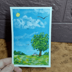 Summer. Bench under a tree. Original Acrylic Mini Painting Postcard Handmade 5x4