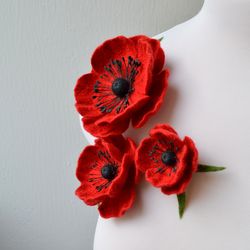 Poppy brooch red flower, very large felt brooches, pin, Fabric flower pin, gifts for her