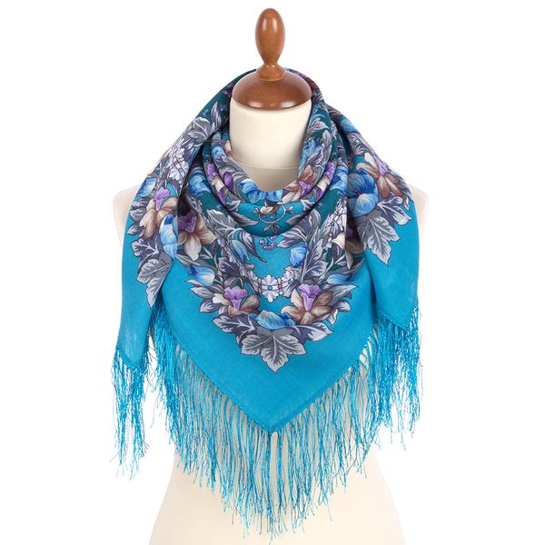 blue women pavlovo posad merino wool shawl scarf size 89x89 cm 1994-11