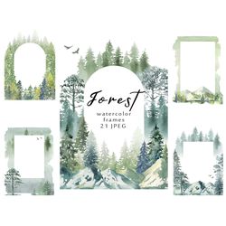Watercolor forest tree frame, woodland landscapes, mountain, wedding invitation. JPEG. Clipart. Card.