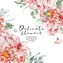 Watercolor floral illustration set - Pink flowers clipart for wedding invitations, design. Rose, peony, lily, tulip.