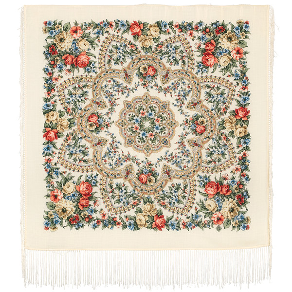 white flowers pavlovo posad merino wool shawl wrap size 89x89 cm 1874-0