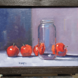 original oil painting behind the glass still life painting apple painting gift painting bright paintin