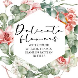 watercolor floral clipart - illustration set of pink flowers frames, wreath, seamless pattern. png, jpeg.
