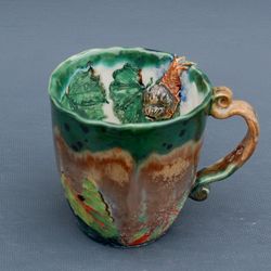 Snail Surprise mug Handmade green cup Art mug Figurine inside Ceramic coffee cup Unusual mug Plant prints Botanical