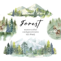 Watercolor forest tree compositions, landscapes, woodland pine trees, mountain clipart.