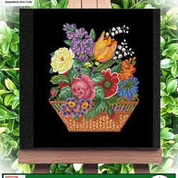 Embroidery scheme Basket and flowers  / Vintage Cross Stitch Scheme Flower Basket