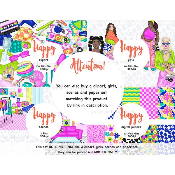 Set of bright Groovy retro nostalgia clipart elements with girls and room interiors from 70s, 80s, 90s for planners, sublimation and scrapbooking. A set of acid