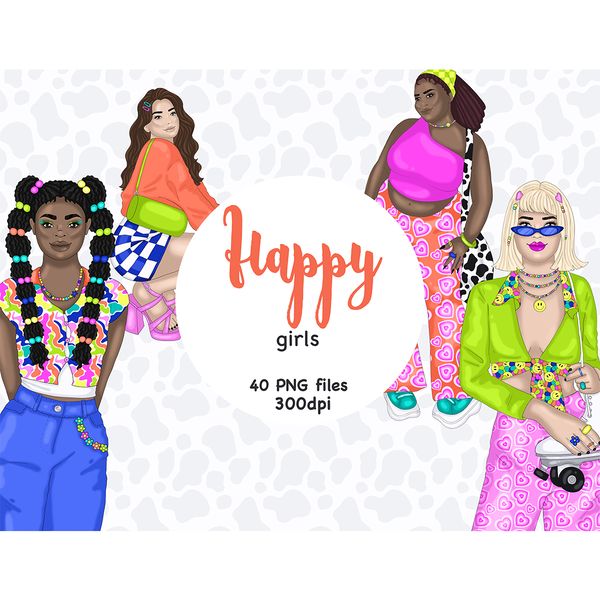 Set of bright Groovy vintage nostalgia clipart with girls from the 70s, 80s, 90s. Girls in acidic hippie outfits with bags, roller skates, colorful baubles and 