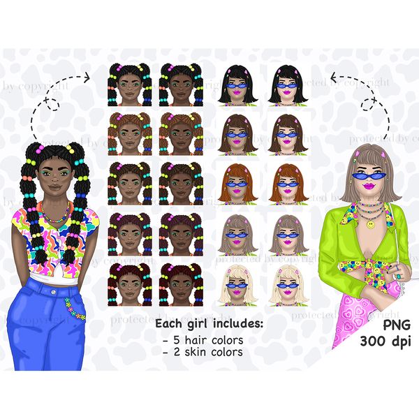 A set of bright Groovy nostalgia clipart with girls from the 70s, 80s, 90s. Afro american girl in blue jeans and a multi-colored sleeveless blouse with elastic 