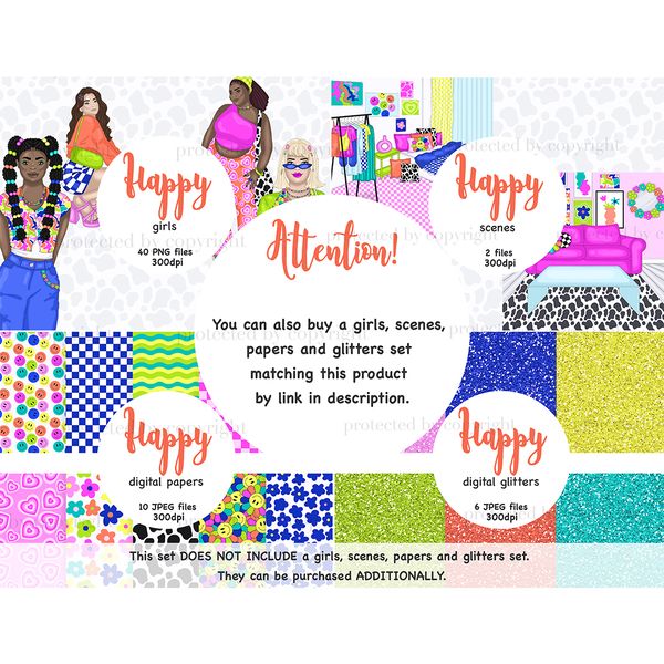 Set of bright Groovy vintage nostalgia clipart with girls and room interiors from the 70s, 80s, 90s. A set of acid hippie digital seamless papers for crafting. 